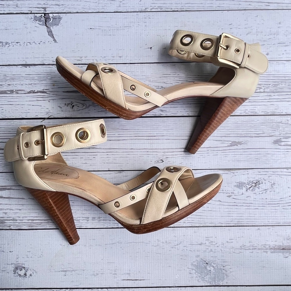 Cole Haan Nike Air Cream Leather Grommet Strappy Cone Heel Sandals 10B Designer